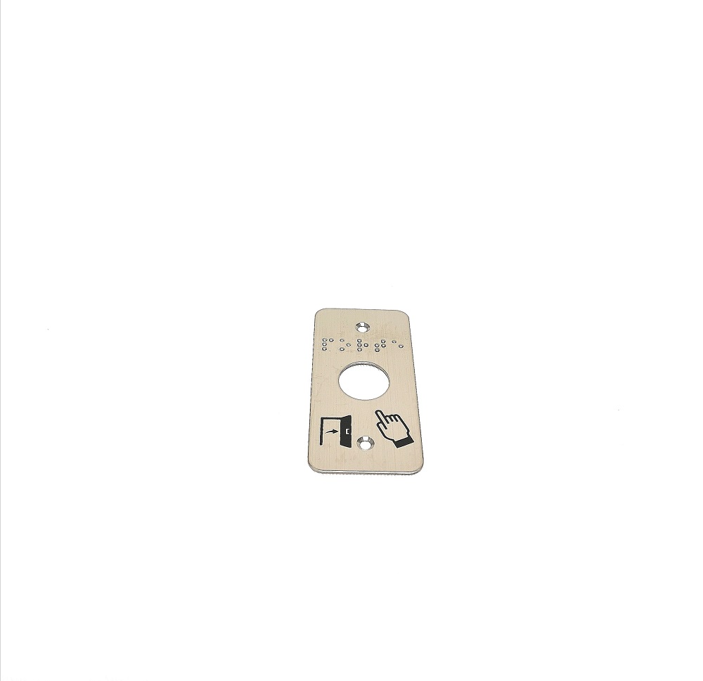 Plaque étroite en acier inoxydable IZYX SSP101 pour bouton poussoir 19mm. Marquage : pictogrammes "porte et doigt" et "porte" en braille.