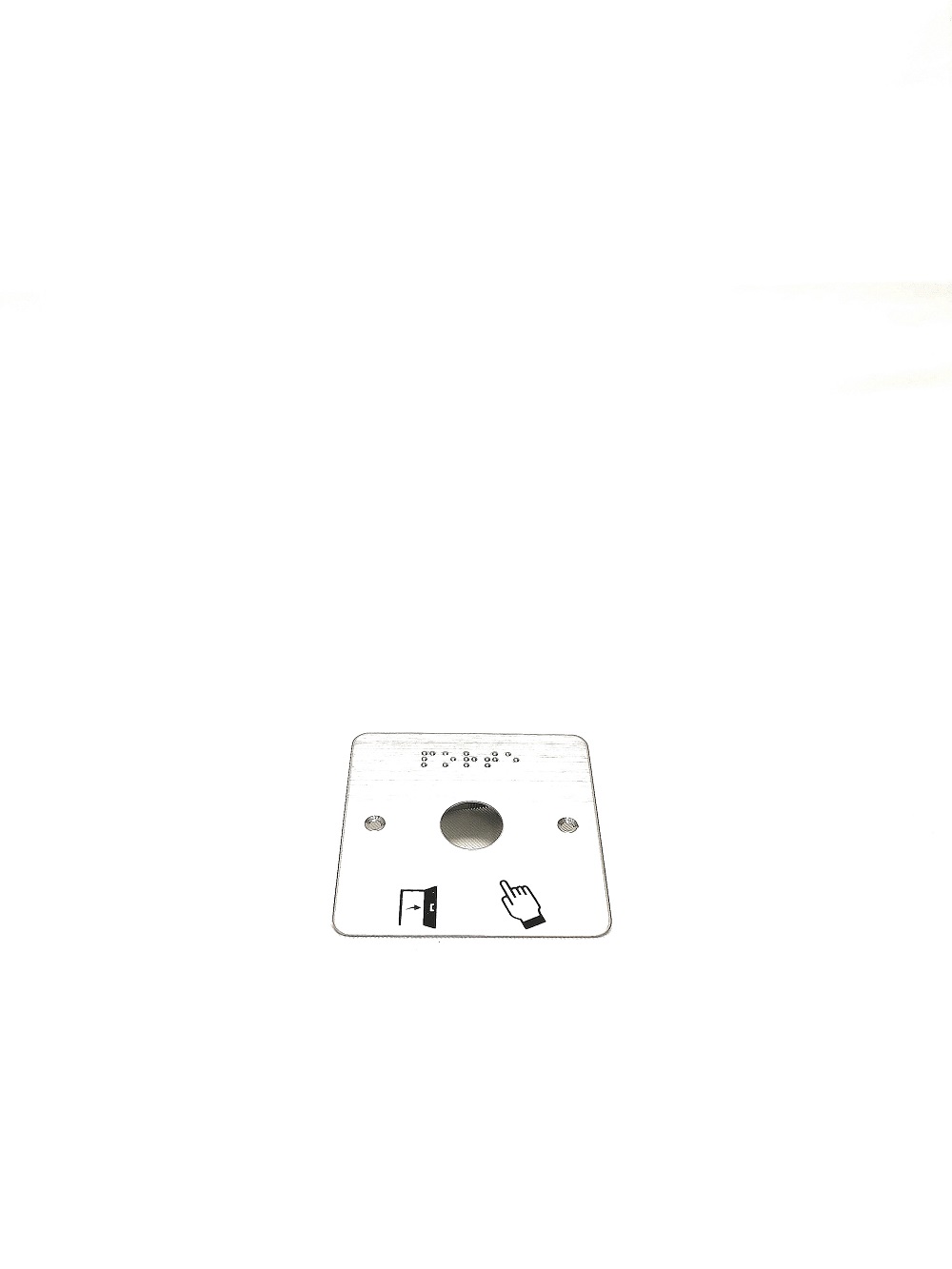 Plaque en acier inoxydable IZYX SSP201 pour bouton poussoir 19mm. Modèle large avec pictogrammes et marquage braille. Compatible boîtes de cloisons.